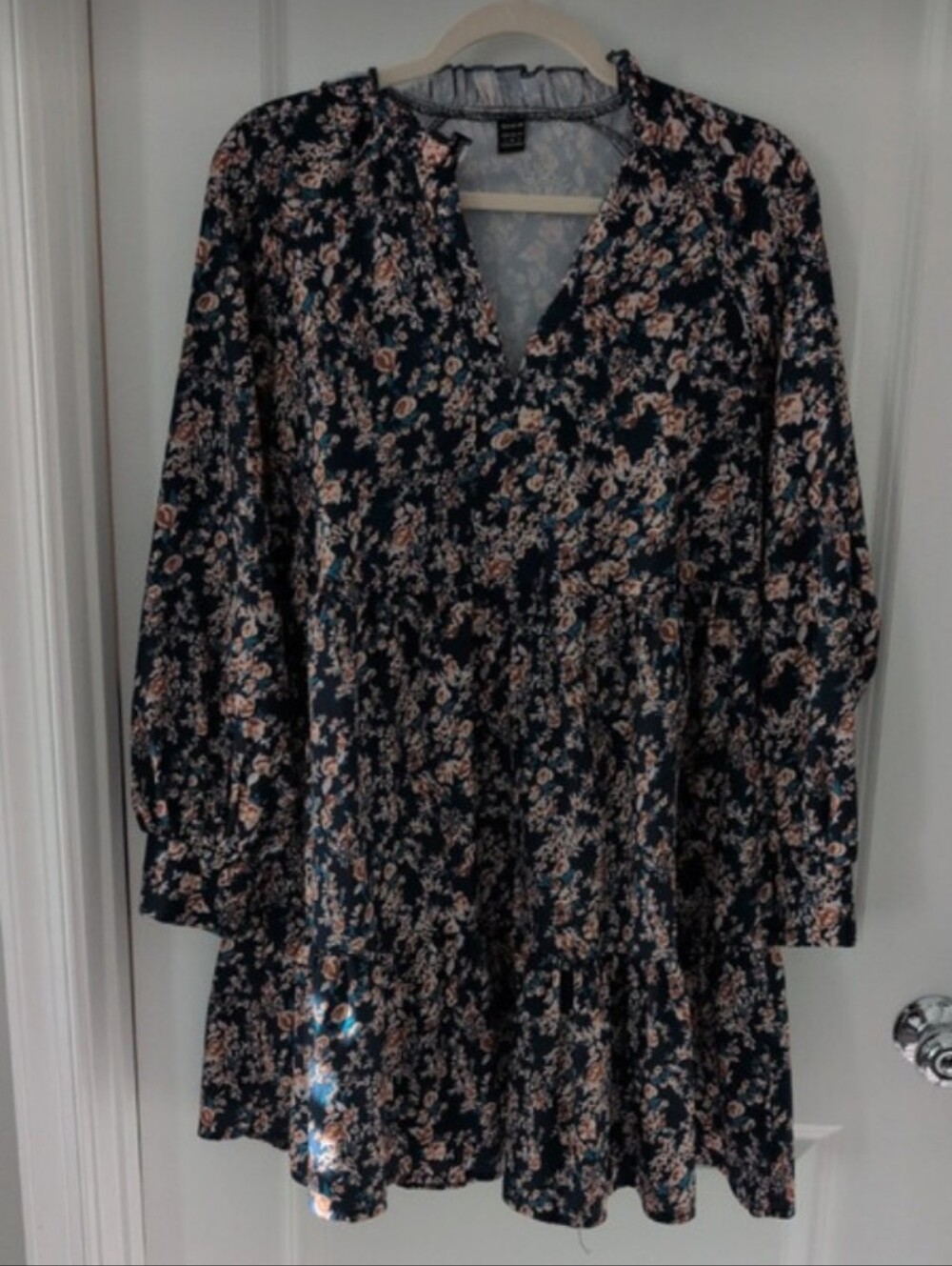 Navy Floral Tiered Long Sleeve Dress - Pink & Cream Flowers